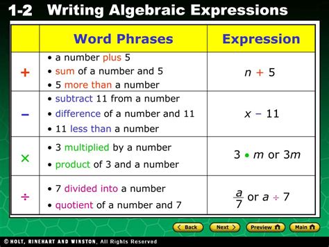 To do We have to write the algebraic expression for each of the given statements or phrases using numbers, literals and the basic operations. . The quotient of a number and 5 algebraic expression